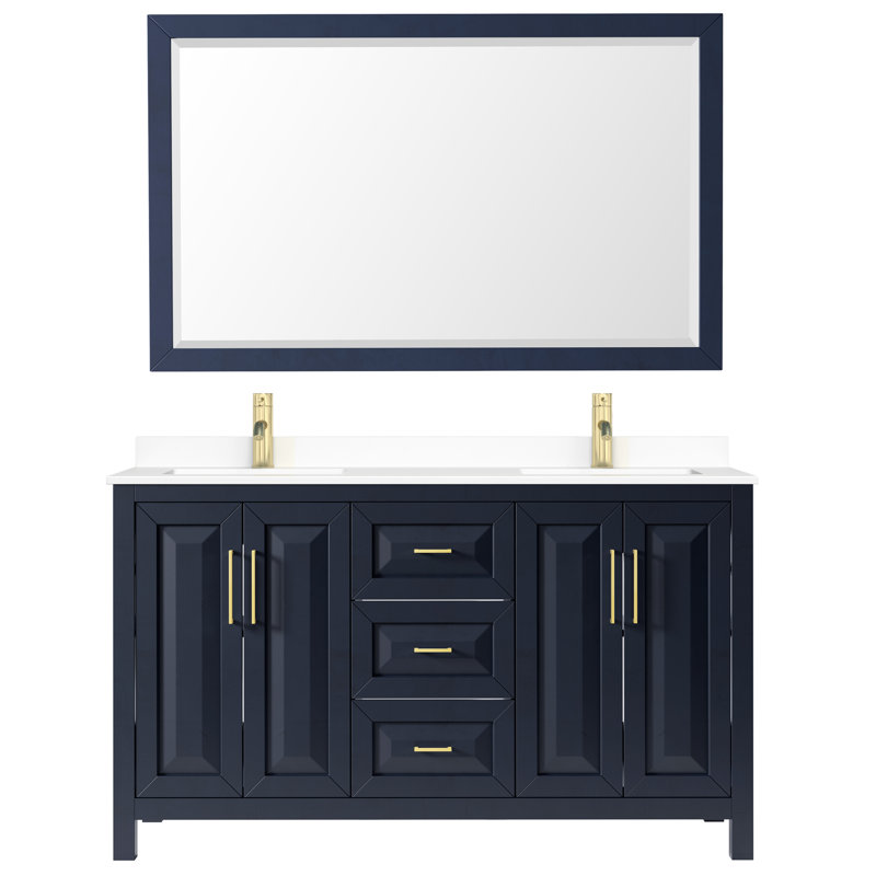 Daria 60'' Double Bathroom Vanity with Carrara Marble Top, Dark Blue, White Cultured Marble, Brushed Gold