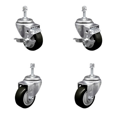 3.5 Inch_ Polyurethane Swivel 10mm Threaded Stem Caster Set 2 Brake SCC