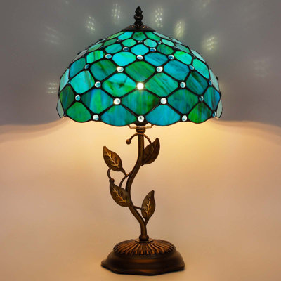 Lampe de table Tiffany, réglable à 3 températures de couleur, abat-jour de style bleu vert et lampe de bureau à base de feuille de métal 12 x 12 x 19 pouces
