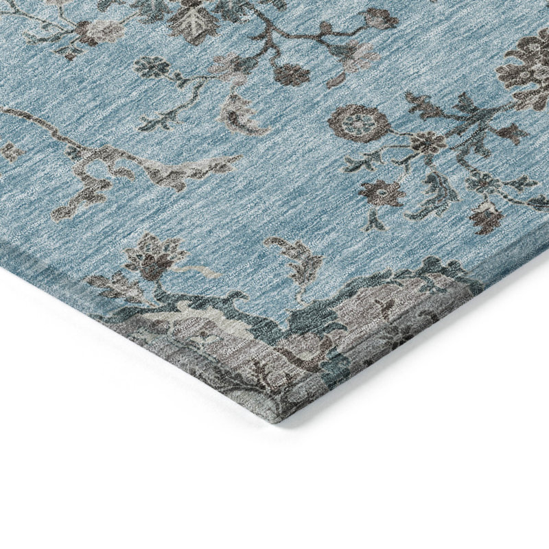 3' X 5' Sky Blue Gray And Charcoal Floral Washable Indoor Outdoor Area Rug