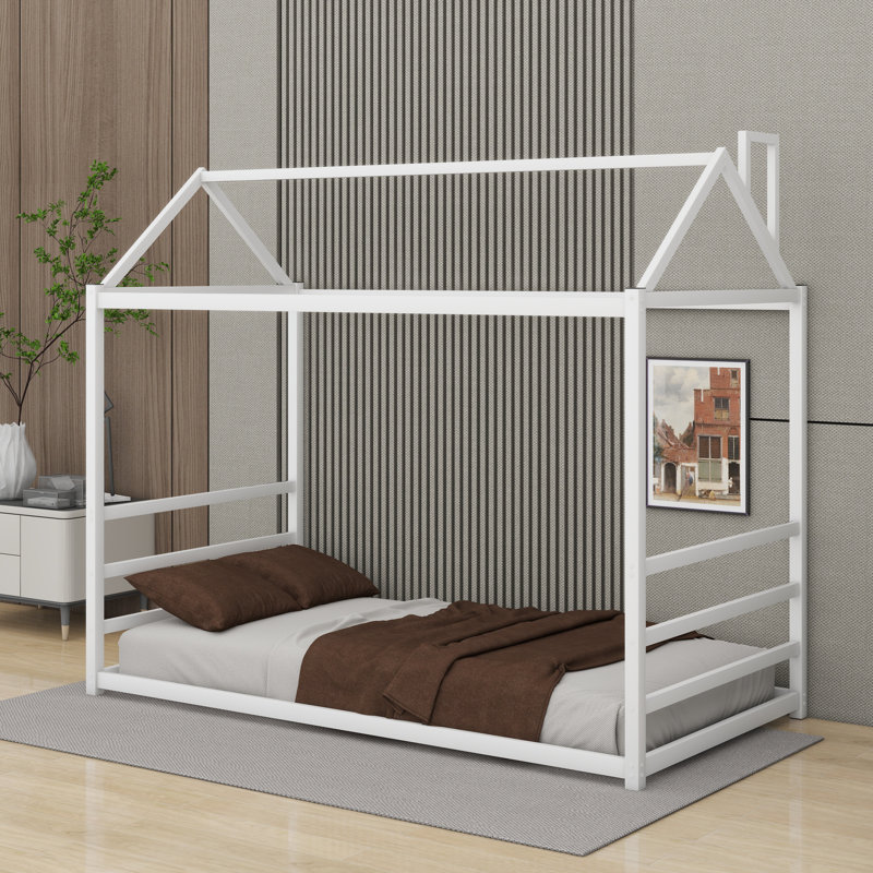 Lit plateforme en métal, Blanc, Lit simple