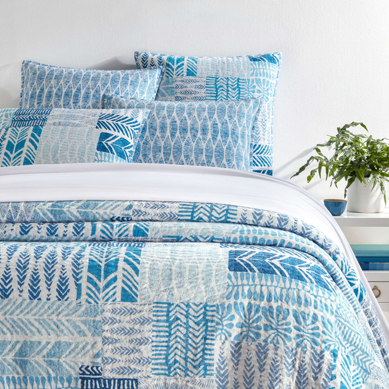 Block Print Patchwork Blue Coverlet, Twin Coverlet