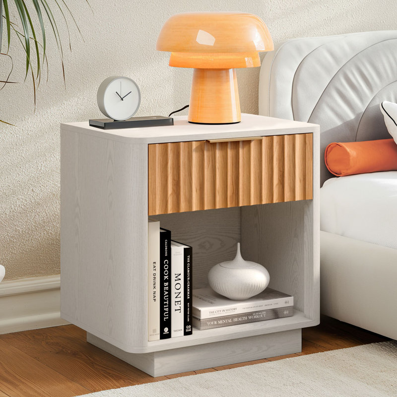 21.6"W Fluted Wooden Nightstand, White/Oak, Individual