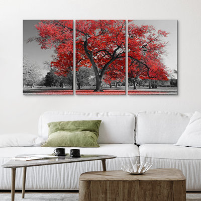 "Red Tree Leaves Forest In The Park Nature Landscape", ensemble de 3 reproductions sur toiles encadrées