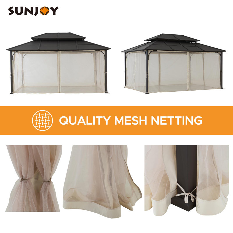 Sunjoy 12 x 16 ft. Black Steel Hardtop Gazebo with Netting