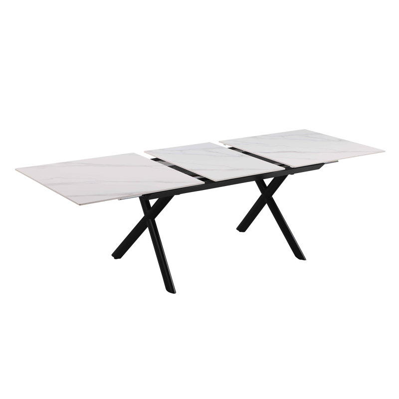 Contemporary White Marbleized Glass Extendable Dining Table with Black Steel Base