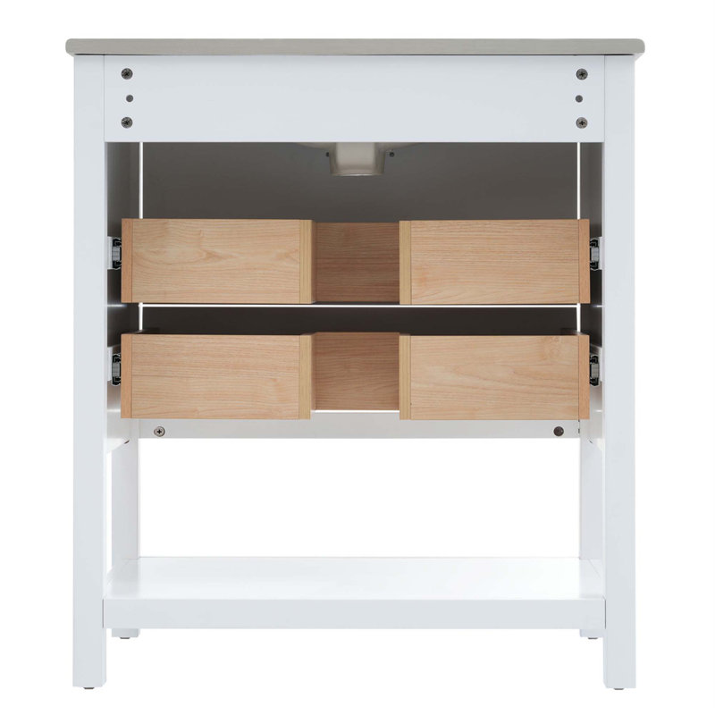 Armoire de meuble-lavabo moderne 30 po avec deux tiroirs ouverts, Blanc