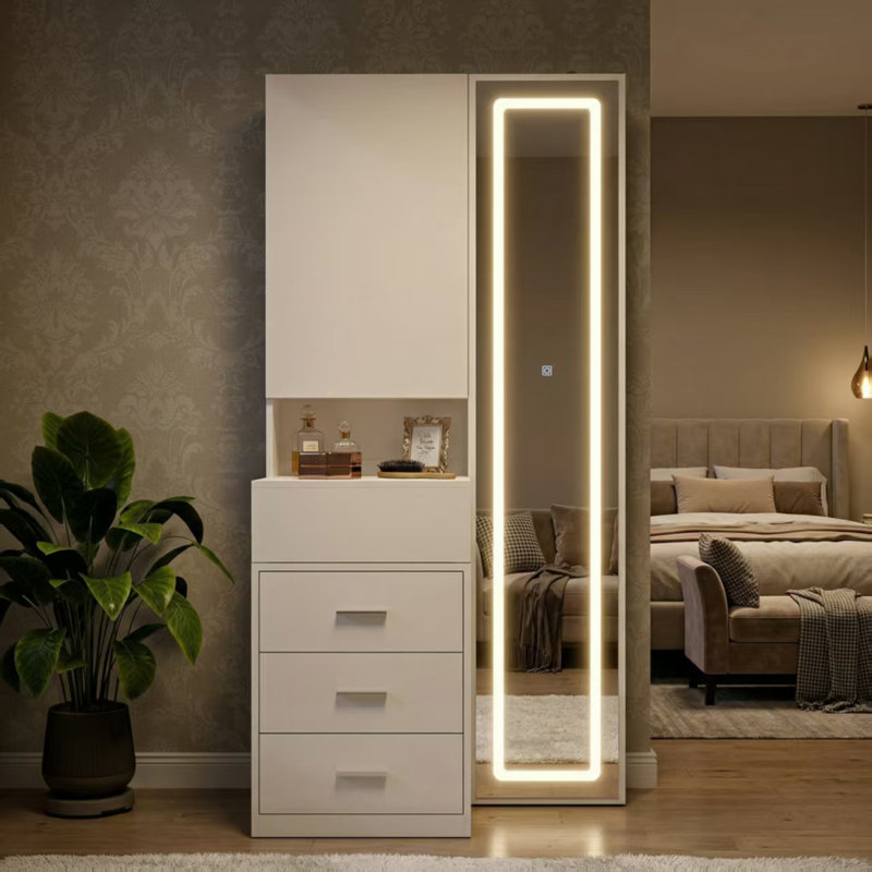armoires & wardrobes dressing table design Dresser and Slim Armoire Wardrobe Set with LED Mirror and Power Outlets, Vanity Table with 2 Drawers and Closet with Hanging Rod, White