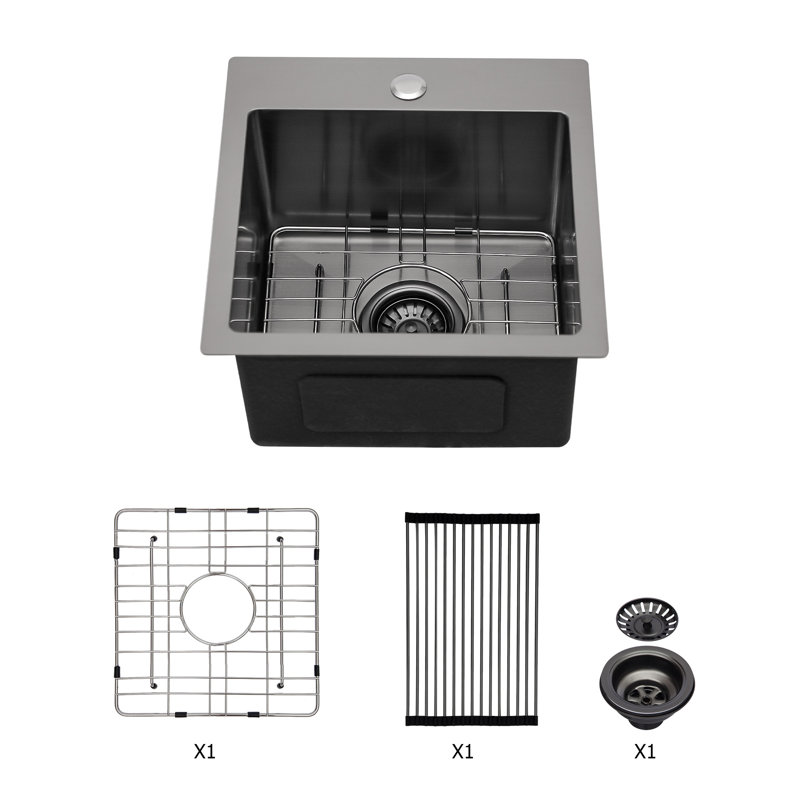 Évier de cuisine 15 po x 15 po x 9 po à cuve noire en acier inoxydable