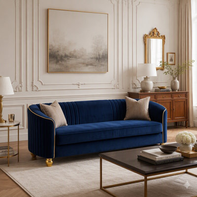 Canapé en velours bleu marine, canapé 3 places moderne avec pieds en métal doré, élégant canapé de salon rembourré, mobilier d'appoint luxueux pour la maison et l'appartement