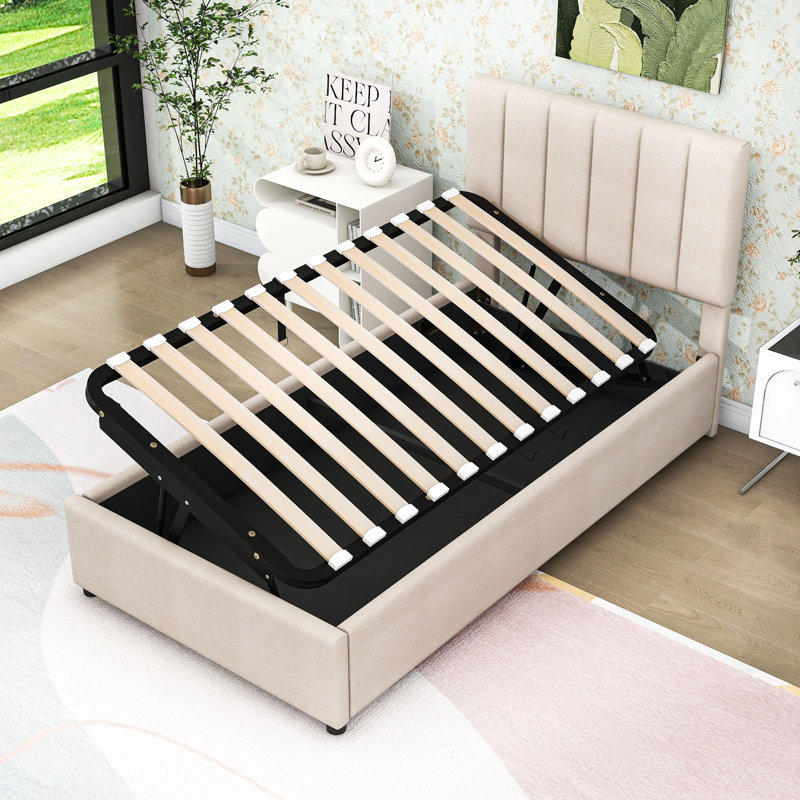 Lit plateforme simple tapissier avec système de rangement hydraulique, tête de lit à rayures verticales, Beige