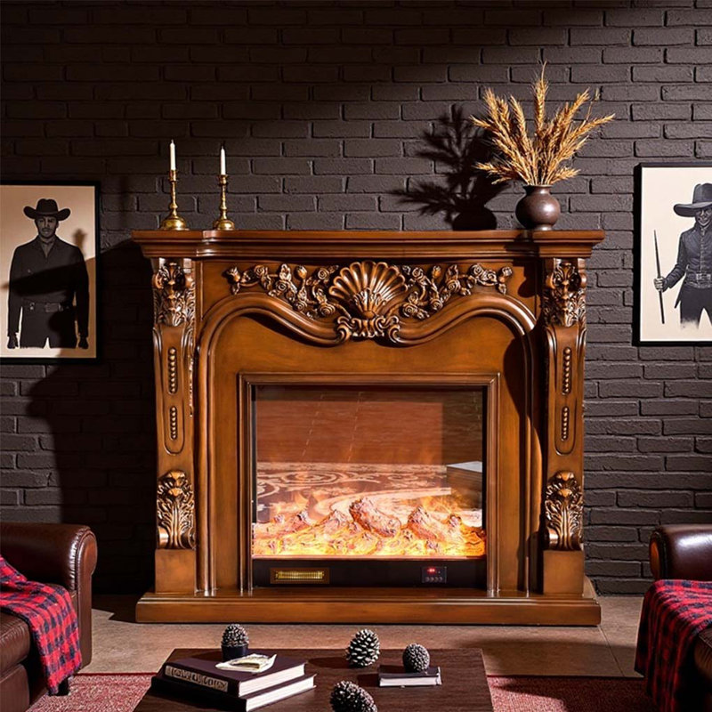 Élégante cheminée de style européen, H 43,31 po x l 51,18 po x P 12,99 po, Brun