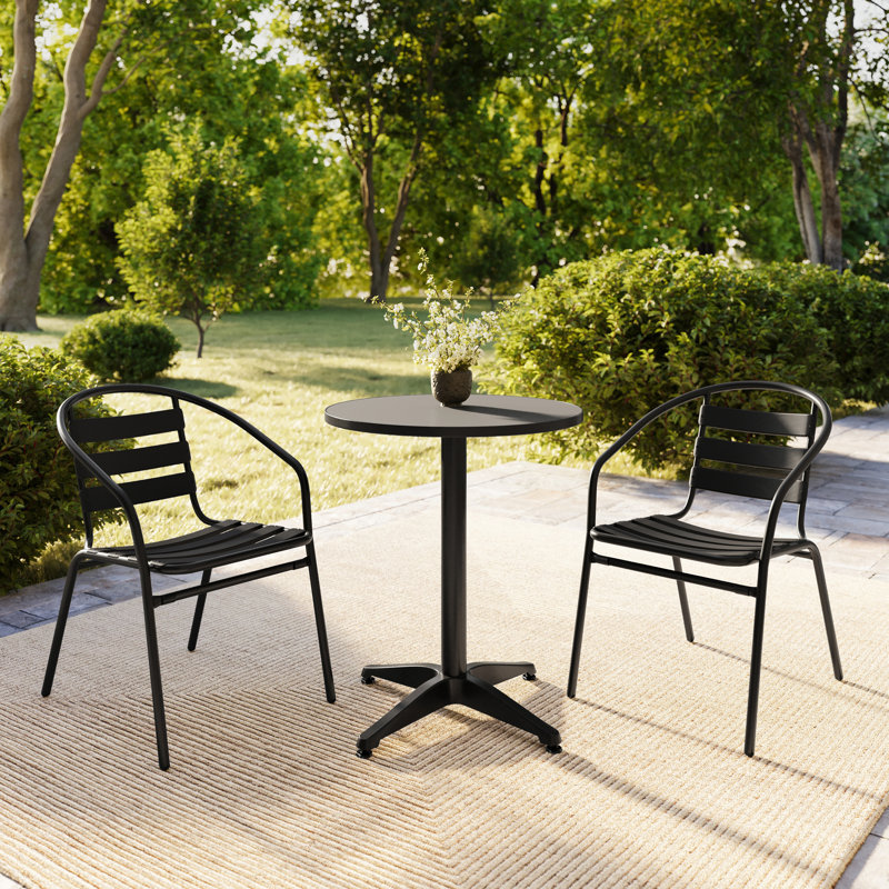 Moraal Round Aluminum Indoor-Outdoor Table Set with 2 Slat Back Chairs, 27.25" H x 23.5" W x 23.5" D, Black