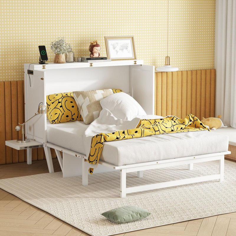 Solid Wood Murphy Bed with Build-In Charger and Removable Shelves, White, Full / Double