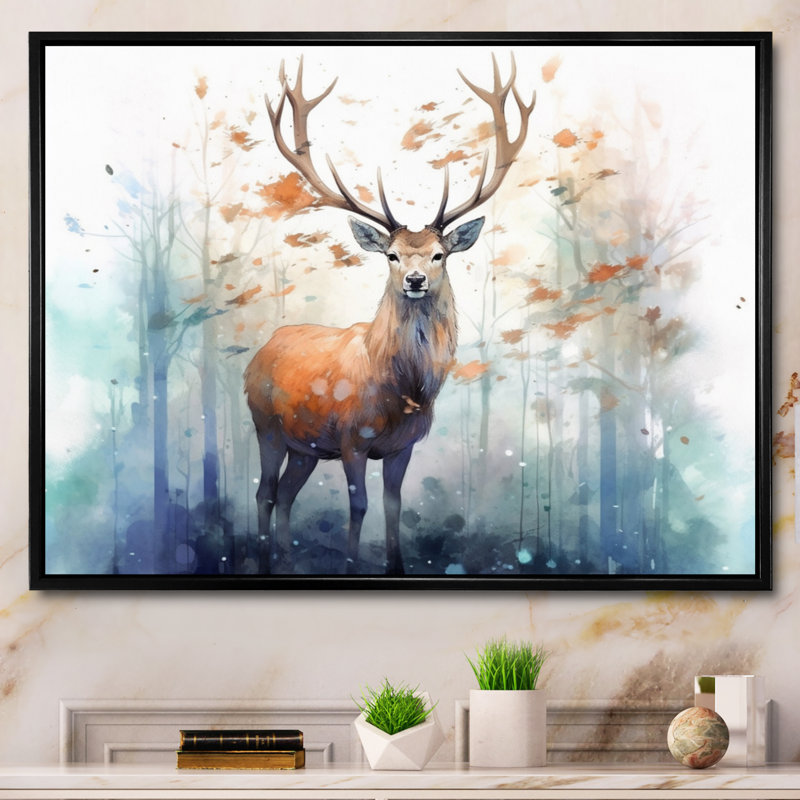 Woodland Wanderers - Deer, art mural, 34" H x 44" W, Gold Picture Framed