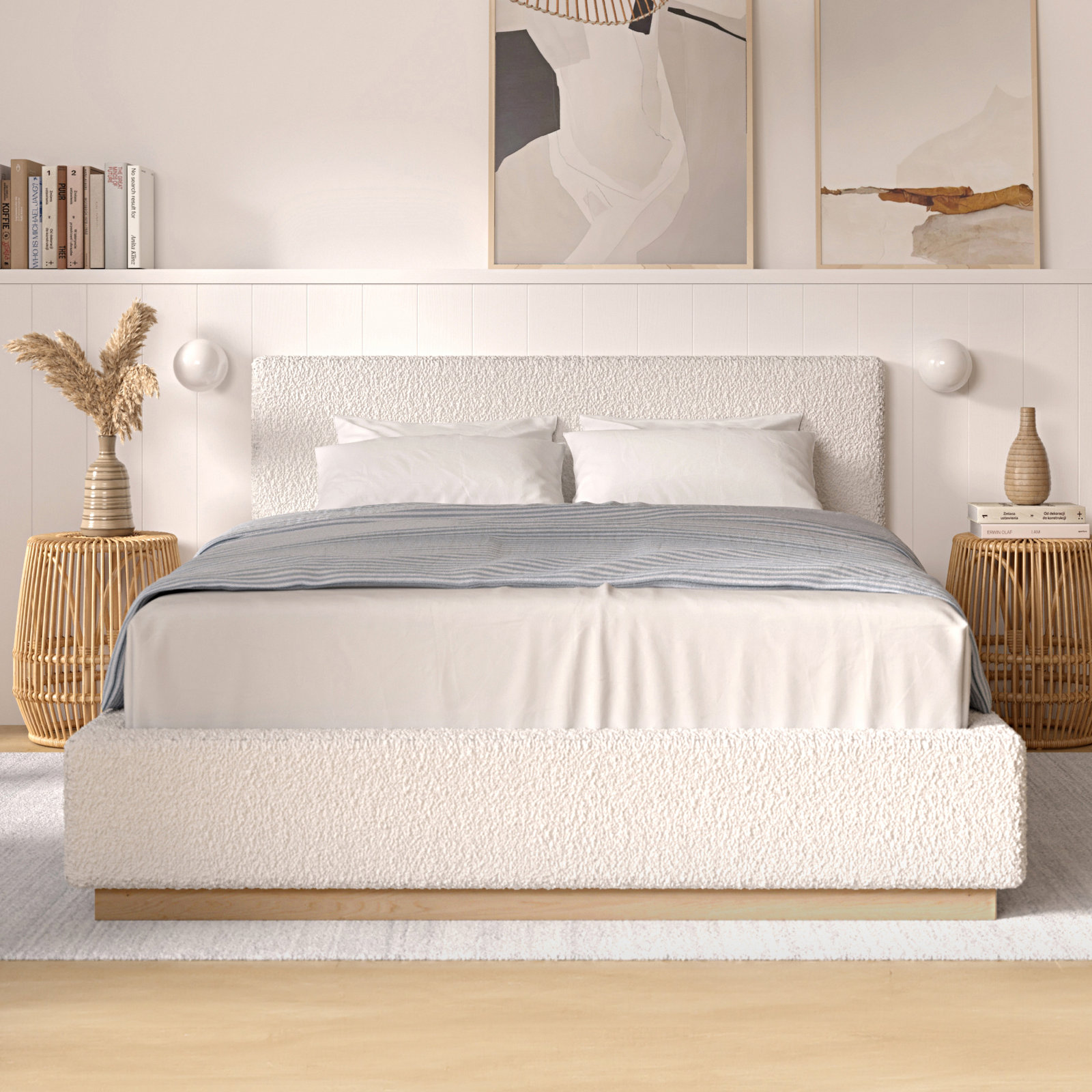 Drago Upholstered Platform Bed, Cream Boucle, King