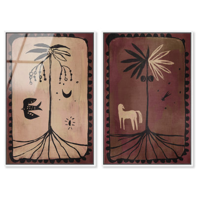 Ensemble de 2 tableaux muraux en verre acrylique brillant « Passé rustique » d'Oliver Gal, motif animaux.
