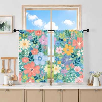2Pcs Vibrant Floral Curtains, Light Filtering Fabric, Artistic Flower Print, Decorative for Living Room Bedroom Balcony Kitchen Home Decor