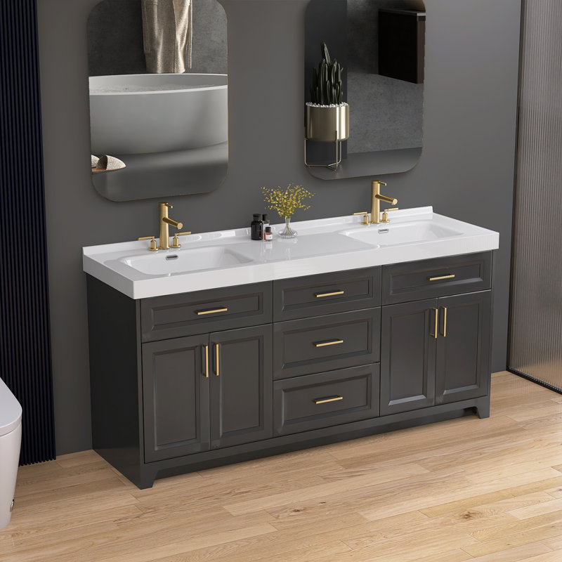 Comptoir de meuble-lavabo double 73 "à surface solide avec comptoir de salle de bain blanc avec lavabo