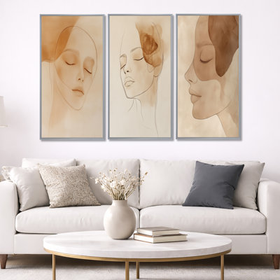 Soft Line Feminine Form – Softbrown Abstract Portrait Framed 3 Piece Wall Art