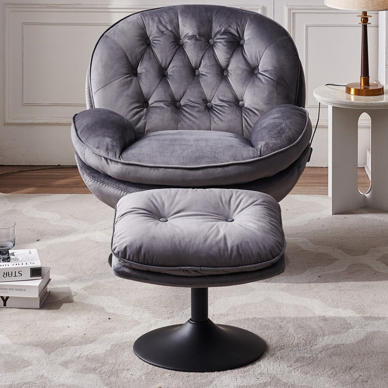 Zenon Velvet Swivel Accent Chair with Ottoman, Gray Velvet