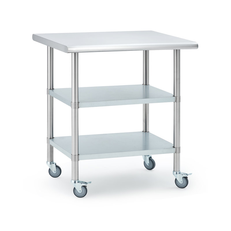 Table de travail de cuisine robuste en acier inoxydable - Tablette inférieure réglable à 2 niveaux, 4 roulettes verrouillables - Banc de préparation mobile 24 x 30 pouces pour restaurant, garage, buanderie, extérieur, 2T 24 x 30 po