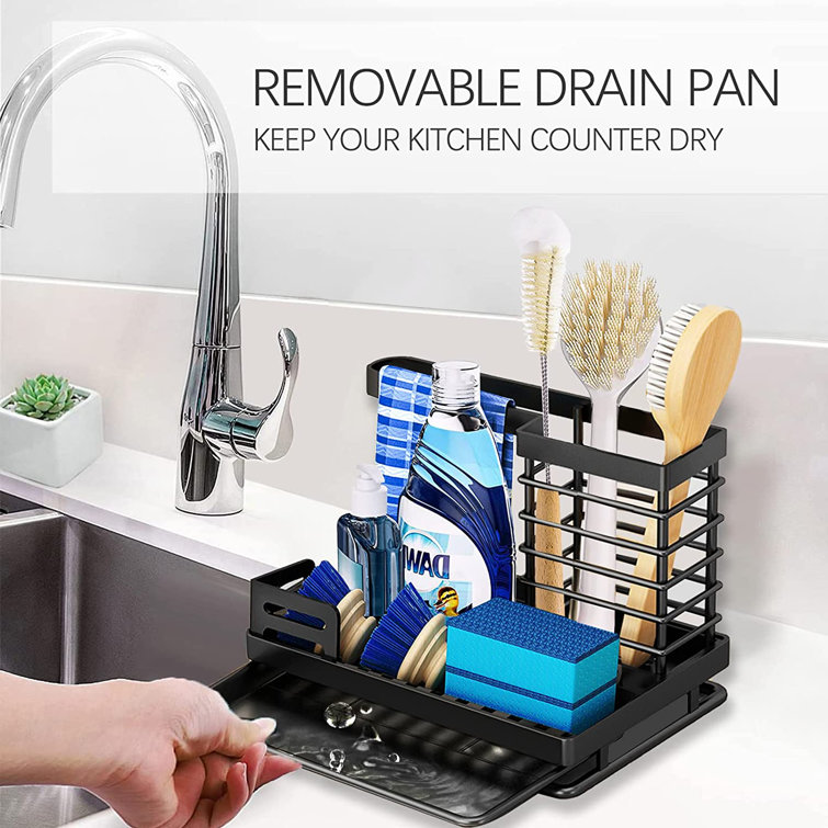 Nieifi Sink Caddy Organizer Countertop Sponge Brush Soap Holder with Drain Pan Stainless Steel for Kitchen Black