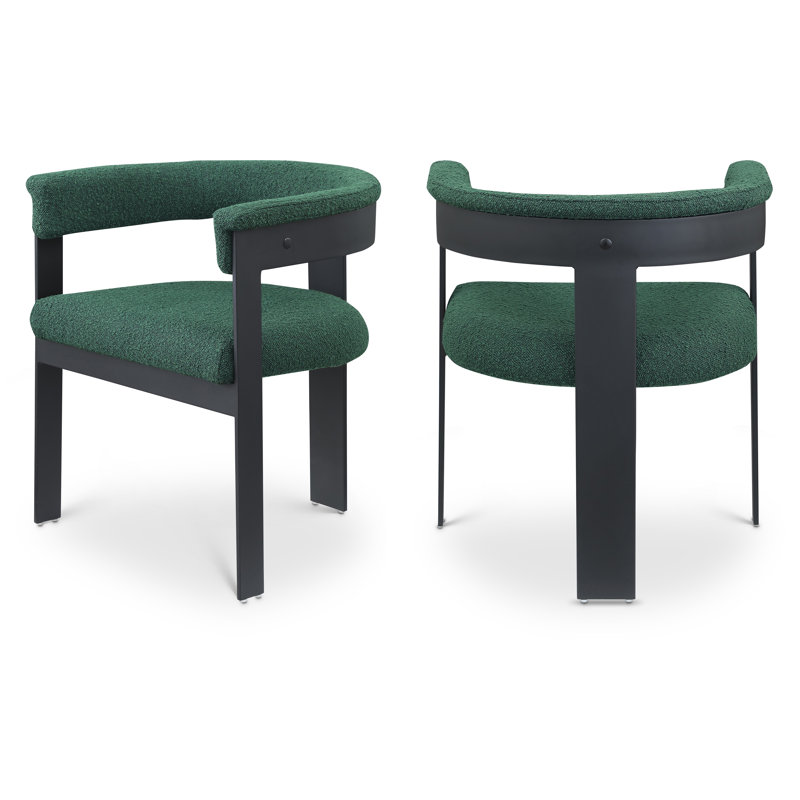 Chaise avec accoudoirs sans dossier rembourrée Romeo, Tissu bouclé vert, Thermolaquage noir mat