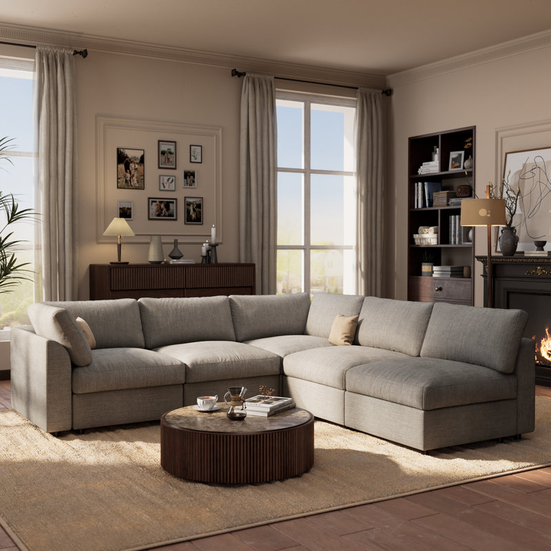 Canapé modulaire 5 pièces avec rangement 5 pièces, Chenille gris pâle, H 100 po x l 93,5 po x l 37 po 
