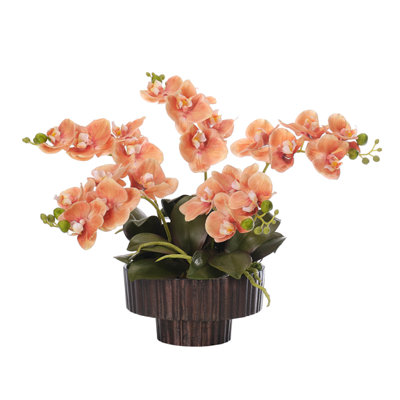 Real-Touch Orchid Phalaenopsis, Orange, Bronze Metal Bowl, 2