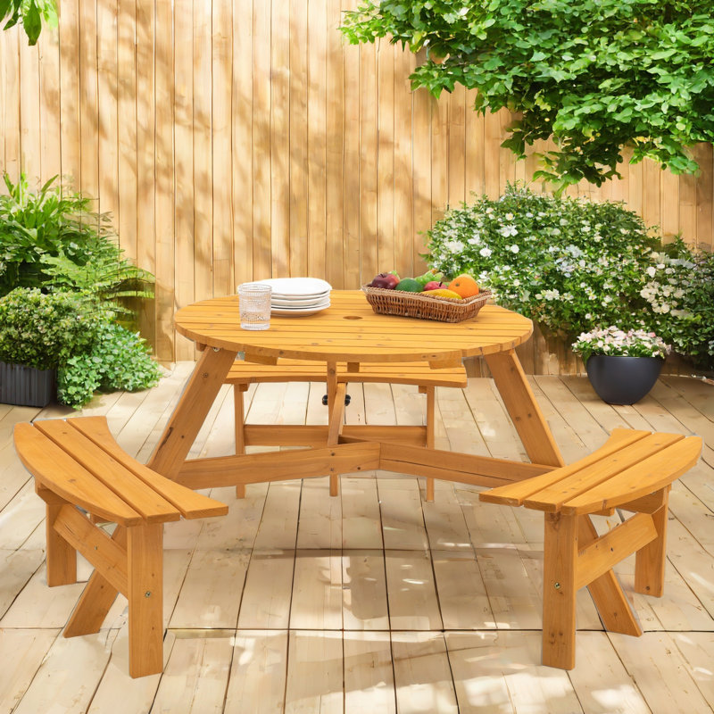 Floden Outdoor 6-Person Dining Sets With 3 Curved Benches, Round Tabletop And Umbrella Hole, Natural