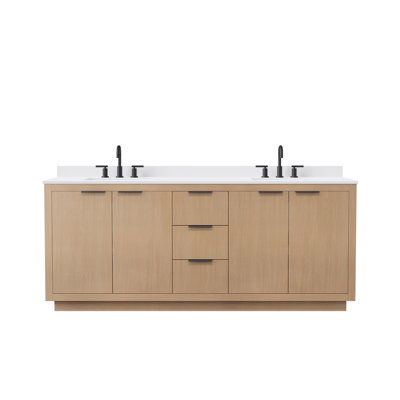 Ensemble de meuble-lavabo double 80 po en paille claire Maroni, lavabo carré encastré (3 trous) et garniture noir mat Maroni