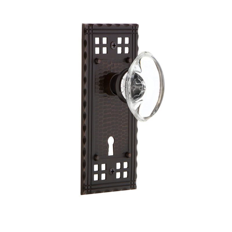 Bouton de porte de mortaise intérieure ovale en cristal avec plaque longue Craftsman, Bronze intemporel
