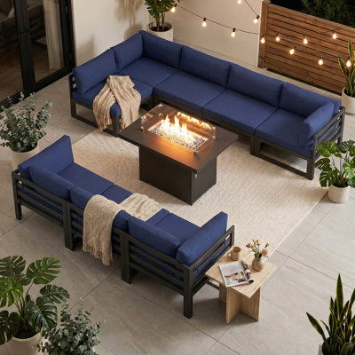 Anevaeh 8-Person Outdoor Patio All-Aluminum Sectional Conversation Set with Fire Pit Table and Cushions