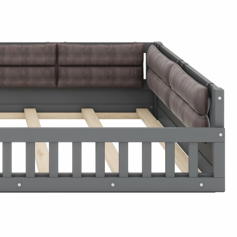 Lit plateforme tapissier avec garde-corps et coussin, gris