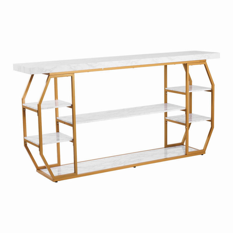 3-Tier Marble Texture Console Table, Modern Golden Geometric Accent Table