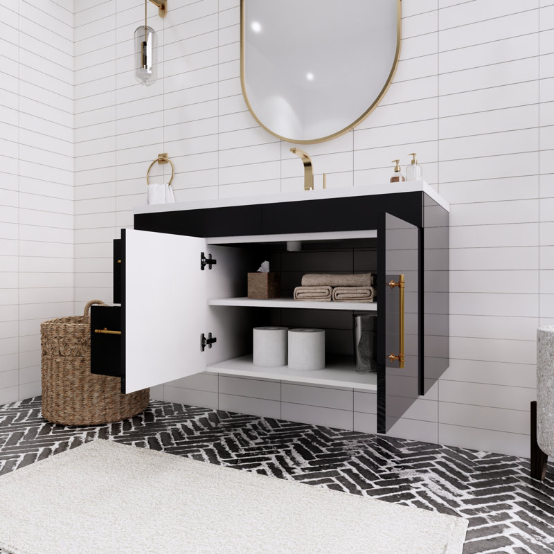 Ensemble de meuble-lavabo simple mural 42 po Spring, Noir lustré
