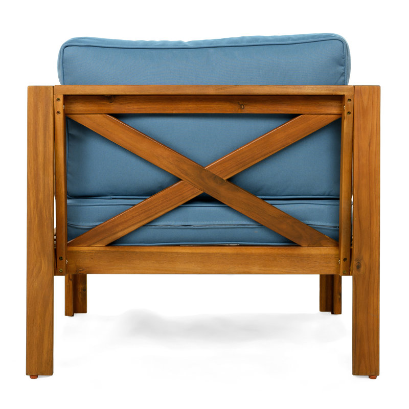 De 4 fauteuils club d'extérieur en bois avec coussins bleus, finition, pour des espaces élégants à long terme