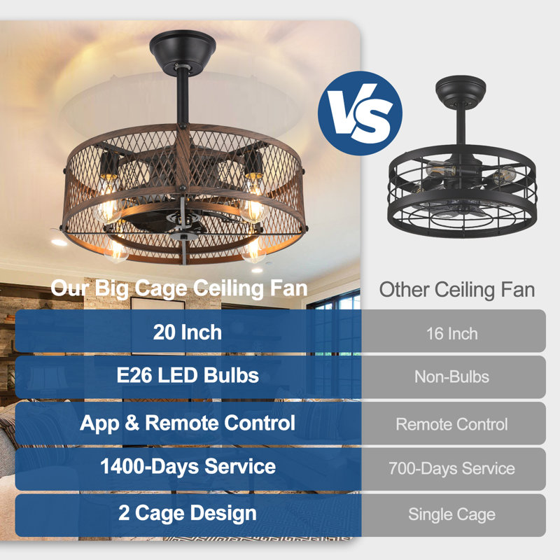 Ventilateurs de plafond en cage de 20 po avec télécommande pour l'application pour la chambre à coucher de patio, ventilateur de plafond encastré avec lumières réversible noyer 6 vitesses Farmhouse