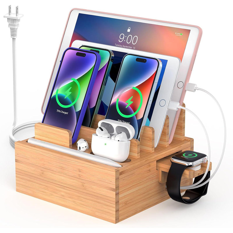 Bamboo Charging Station For Multiple Devices Include 5 Port USB Charger, 5 Cables,Style 1