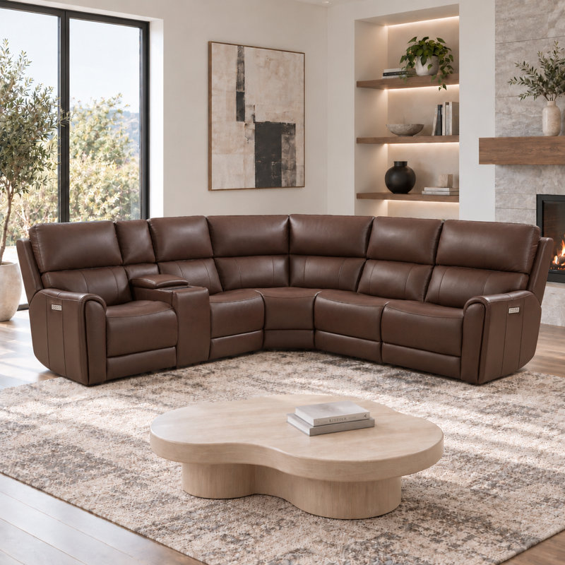 Canapé d'angle modulaire en cuir 5 places avec console multifonctionnelle sans gravité et port USB intégré