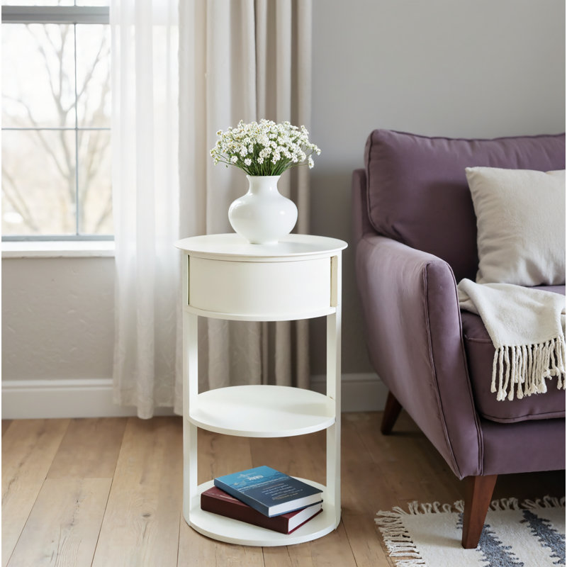 Table d'appoint en métal à 3 niveaux Gunnar avec porte coulissante et tablettes ouvertes, White