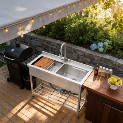 47.2" Freestanding Stainless Steel Double Bowl Utility Sink with Faucet, 18 Gauge 304 Commercial 50/50 Double Basin Station Sink with Backsplash, Adjustable Legs, Bottom Shelf, Cutting Board & Colander, for Outdoor Laundry Garage Kitchen