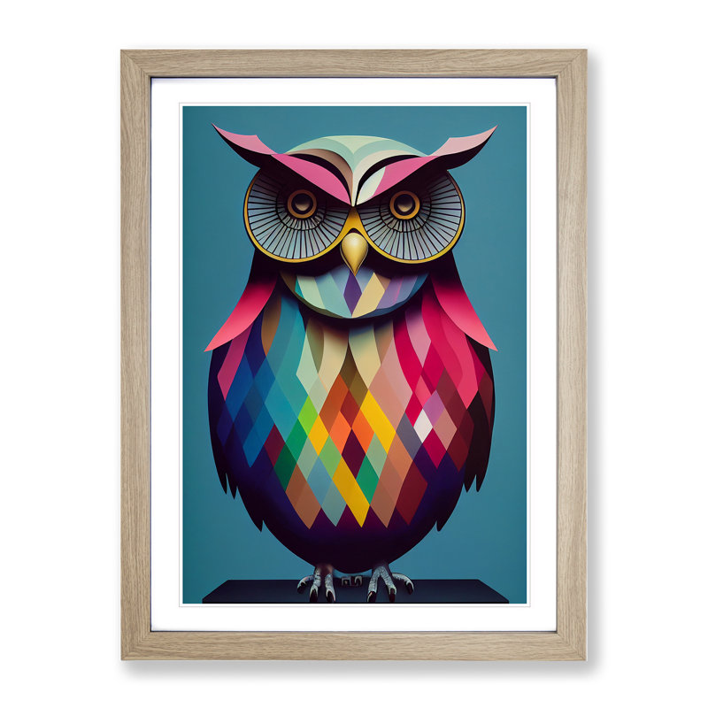 Geometric Owl No.5 Abstract - Single Picture Frame Print, Oak, 64cm H x 46cm W x 2cm D