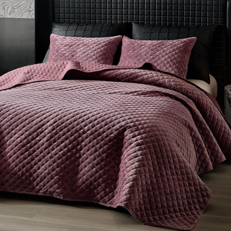 Couvre-lit / couvre-lit en velours octogonal Zera, Grand couvre-lit / couvre-lit + 2 taies d'oreiller, Mauve