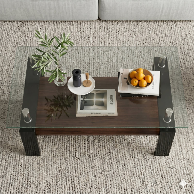 Fraiya Rectangle Coffee Table with Tempered Glass & MDF Storage Shelf, Modern Living Room or Office Center Table, Black
