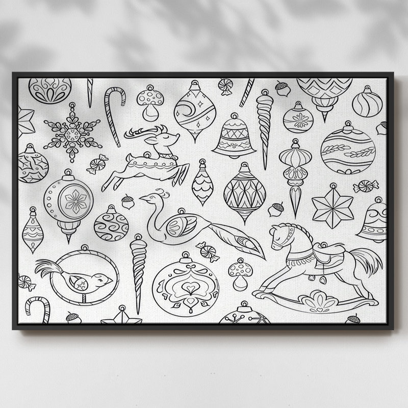 Ornements rétro encadrés sur toile, Noir, H 25 po x l 37 po x P 1,5 po