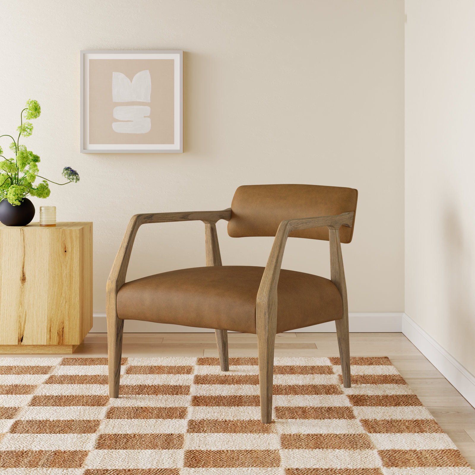 Berthe Oak Genuine Leather Armchair, Nubuck Cognac Genuine Leather