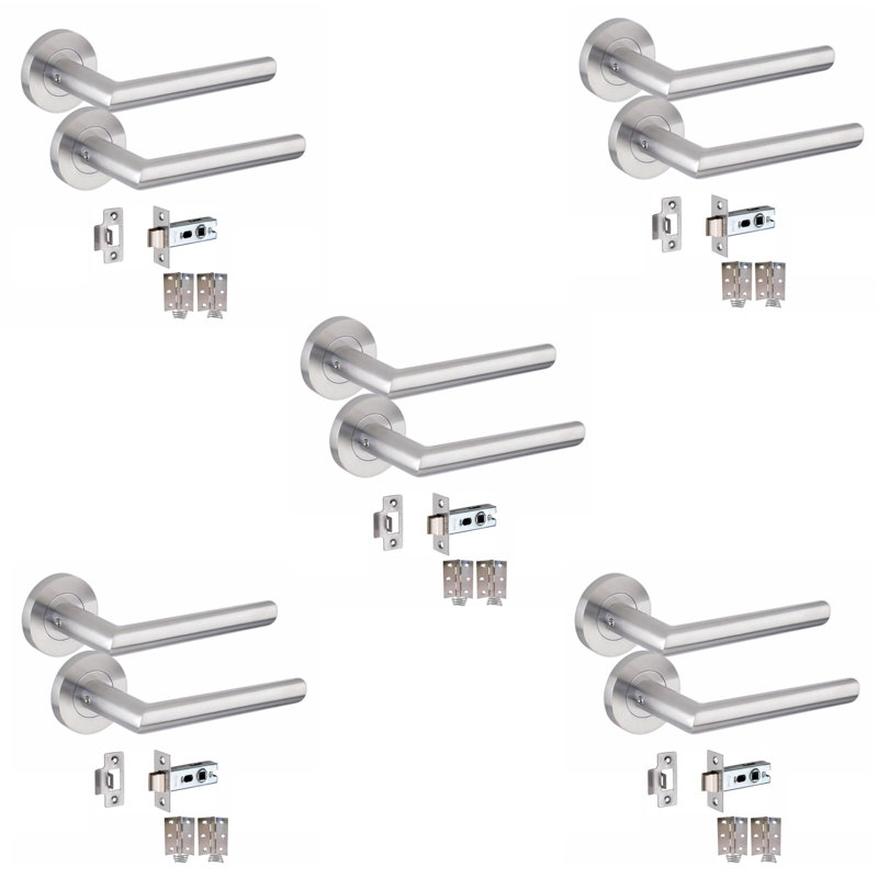  5 Pairs Mitred Design Door Handles Latch on Round Rose in Satin Nickel Finish with 2.5" Tubular Latch and 3" Standard Hinges - 52mm Diameter