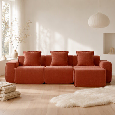 Streamlined Design Modular 3 Seat L Shape Sectional Boneless Sofa with French Edge Piping, No Assembly Required, 3-Seat Sofa Couch with Throw Pillows